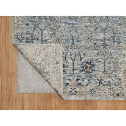 2'7'X15'9" White Hand Knotted Sickle Leaf Design Silk & Wool Runner Rug