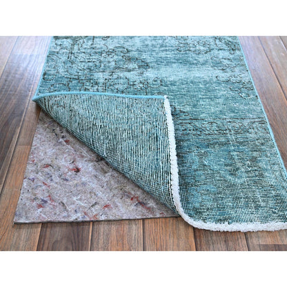 2'X5' Aqua Green Overdyed Vintage Zoroastrian Hand Knotted Wool Runner Rug