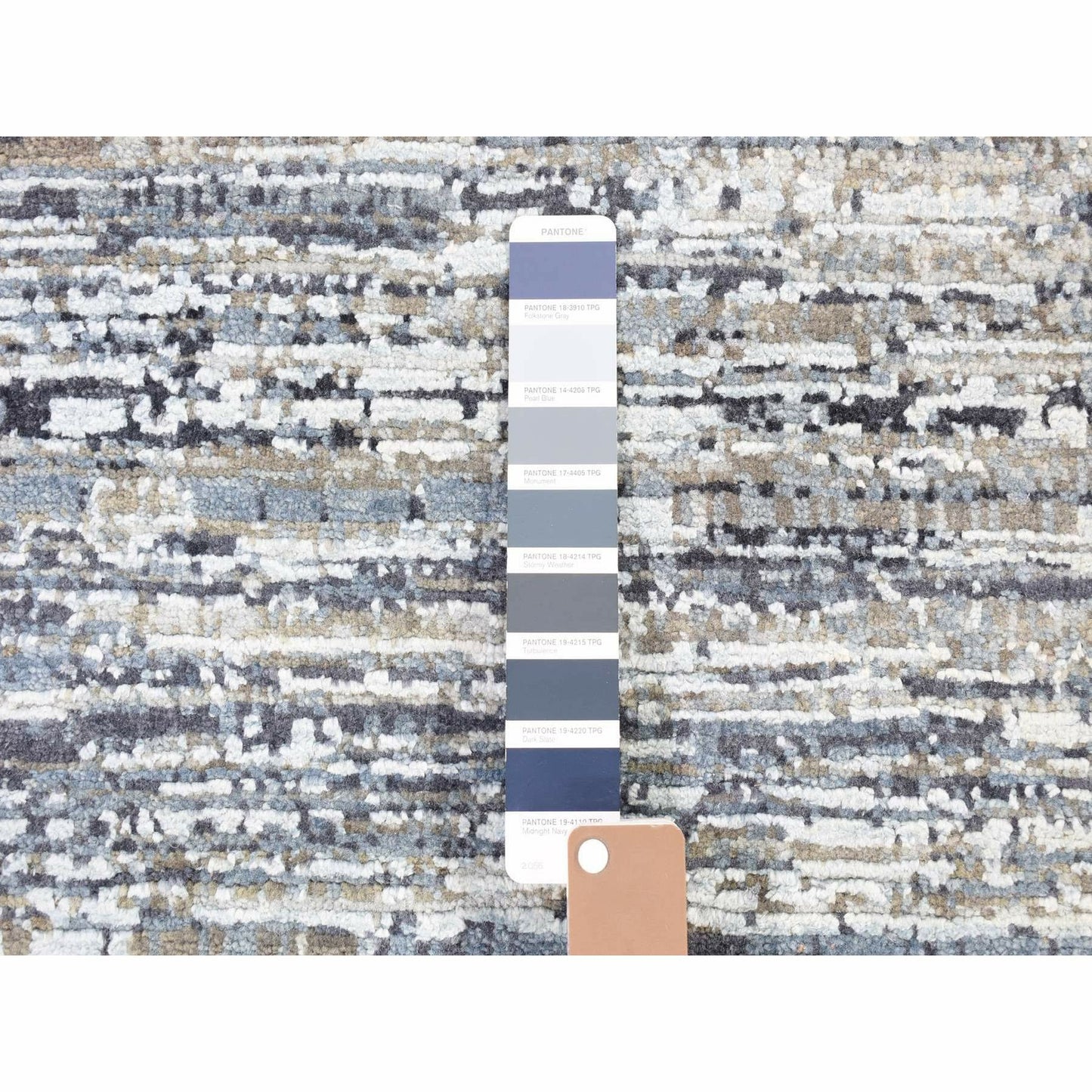 10'x14' Horizontal Ombre Design Hand Knotted Denim Blue Wool and Silk Rug