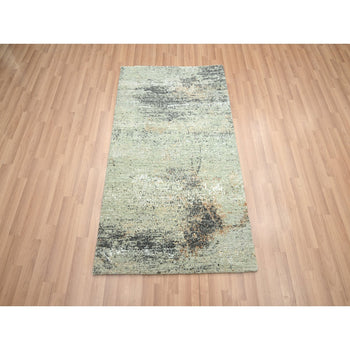 3'X5' Laurel Green Abstract With Galaxy Design Pure Wool Hand Knotted Rug