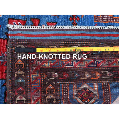2'10"X4'9" Blue Afghan Caucasian Design Revival Hand Knotted Soft Wool Rug