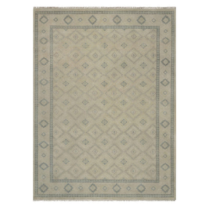 9'X12' Ivory Zero Pile Box Design Tribal With Motifhand Knotted Wool Rug