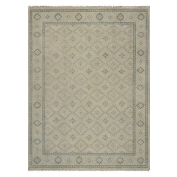 9'X12' Ivory Zero Pile Box Design Tribal With Motifhand Knotted Wool Rug