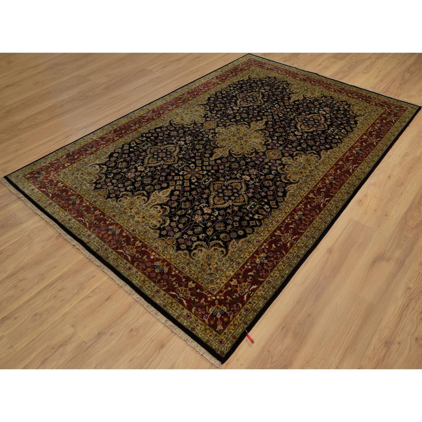 6'X9'1" Black Kishoon Revival New Zealand Wool Hand Knotted Oriental Rug