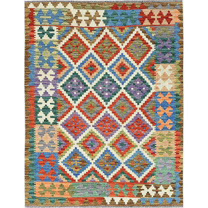 5'X6'7" Ivory Afghan Kilim Geometric Pure Wool Flat Weave Hand Woven Rug