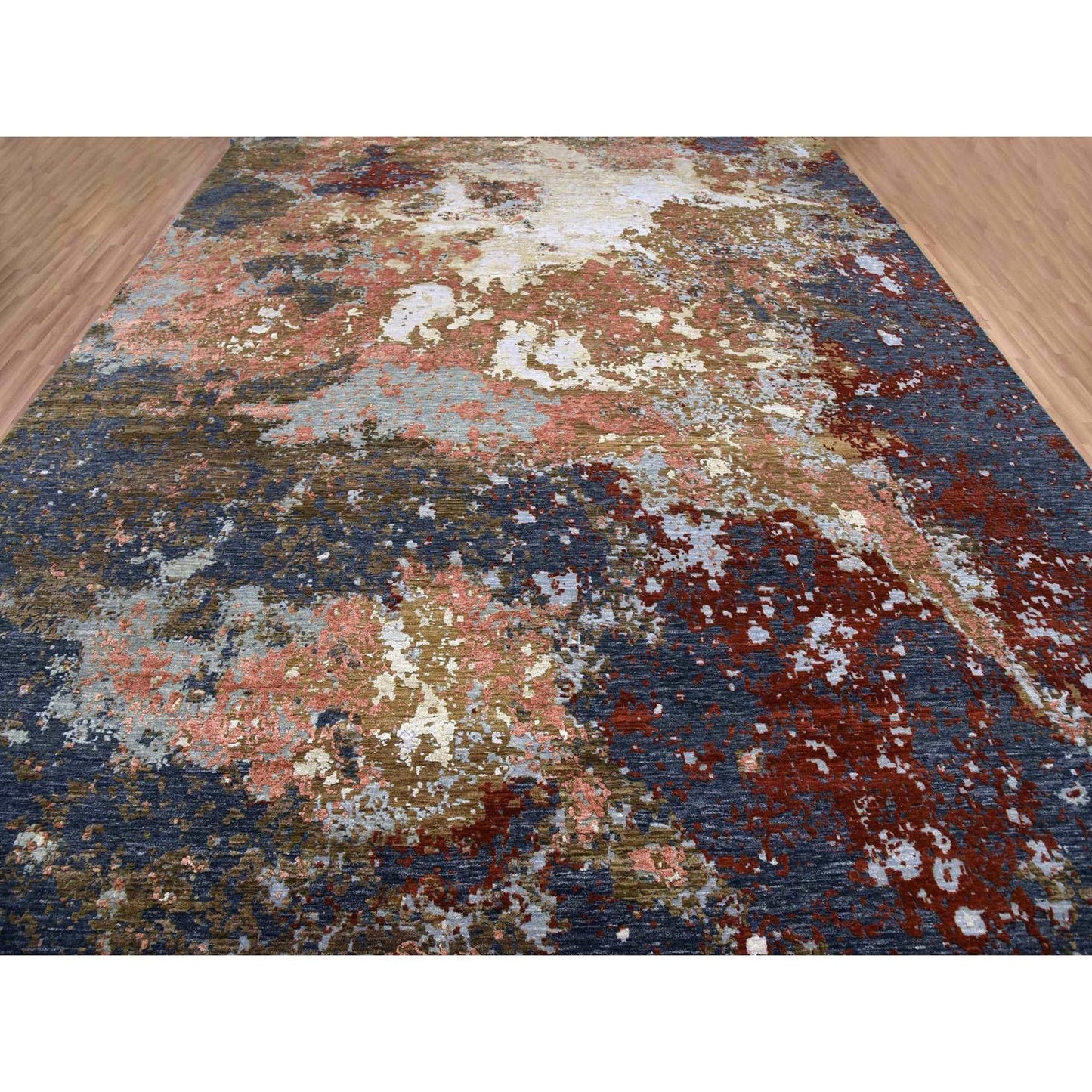 Burnt amber abstract design soft wool hand knotted rug oversized