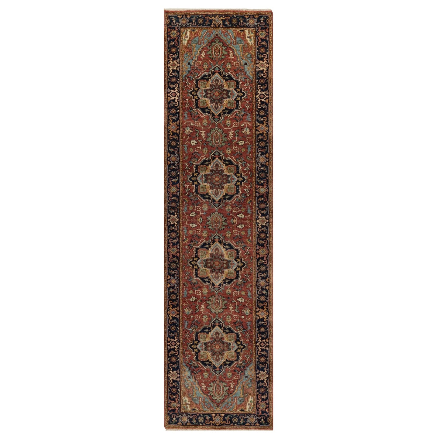 2'7"X10' Red Antiqued Fine Heris Re-Creation Hand Knotted Wool Runner Rug