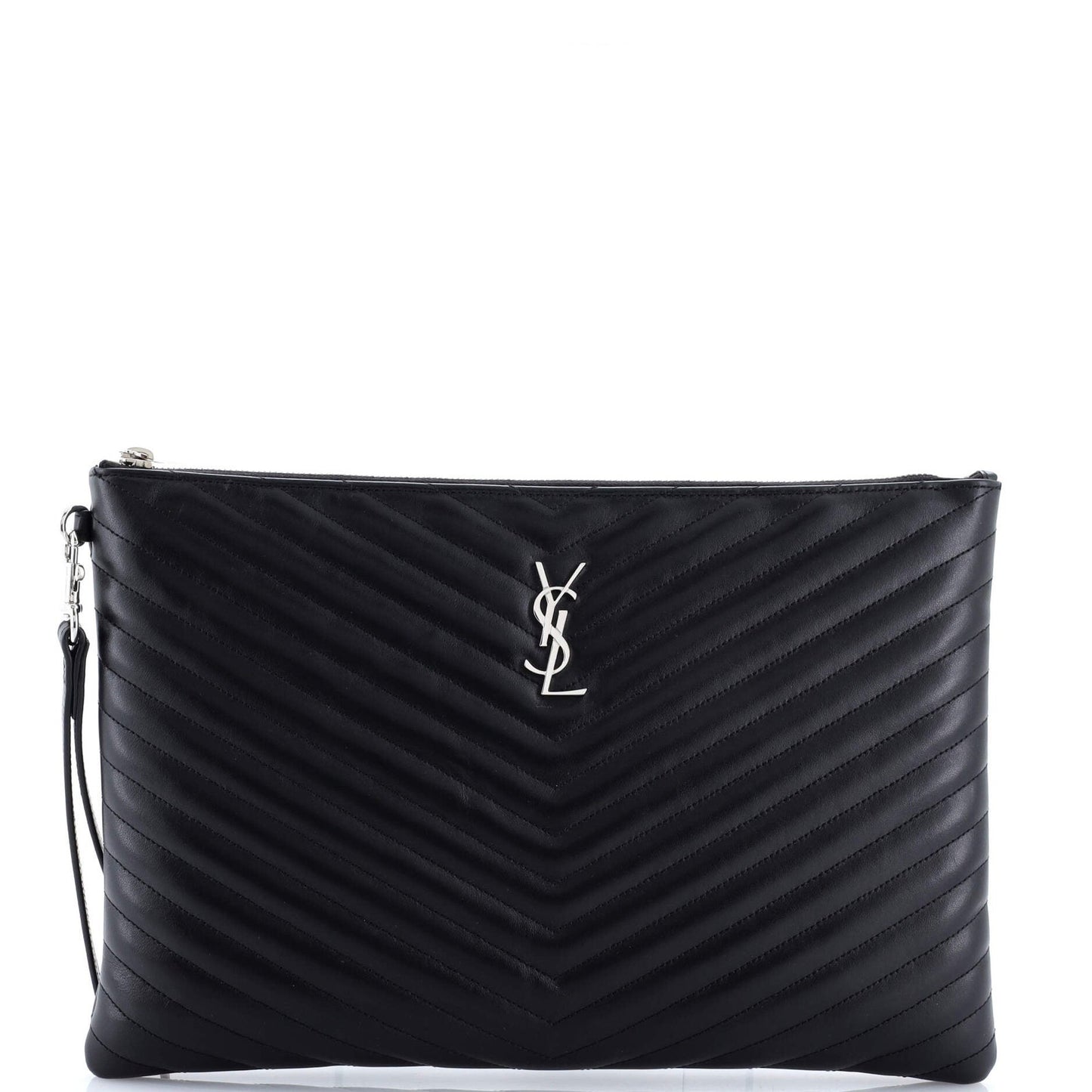 Saint Laurent Classic Monogram Wristlet Pouch Matelasse Chevron Leather Large