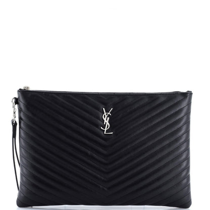 Saint Laurent Classic Monogram Wristlet Pouch Matelasse Chevron Leather Large