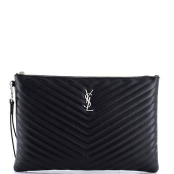 Saint Laurent Classic Monogram Wristlet Pouch Matelasse Chevron Leather Large