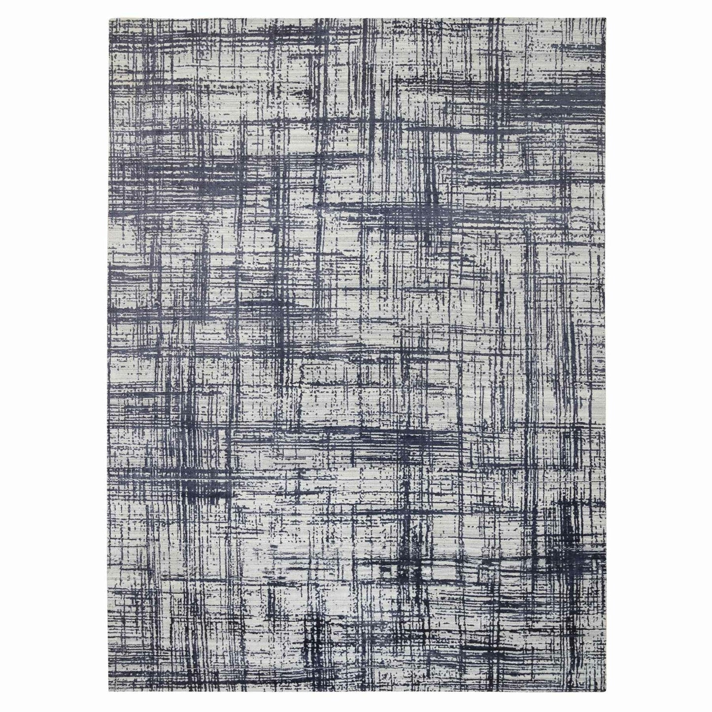 10'X13'9" Black Modern Erased Lines Design Wool And Silk Hand Loomed Rug