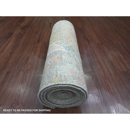 2'7"X22' Gray Afghan Peshawar Birds Design Hand Knotted Wool Runner Rug