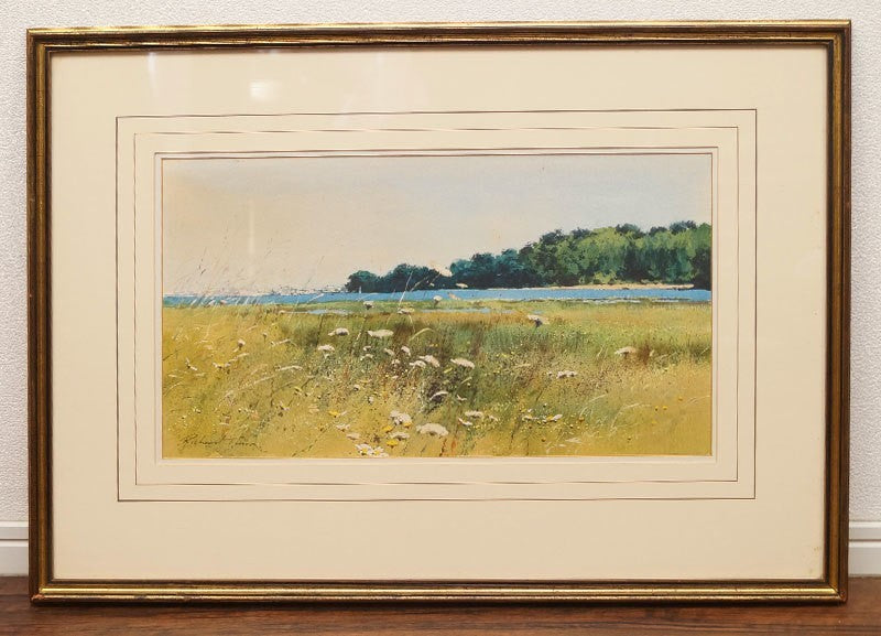 Richard Thorn Signed British Watercolor Landscape Painting Lake Meadow