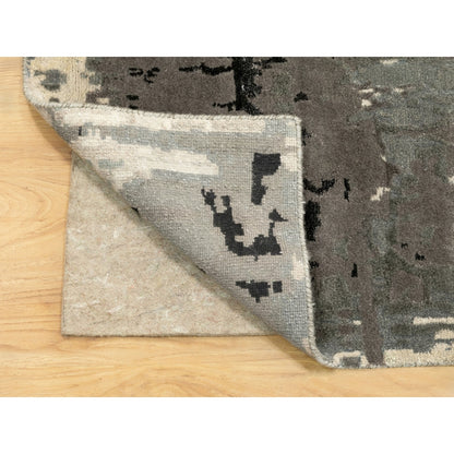 4'X12' Hand Knotted Taupe Abstract Design Wool Silk Runner Hi-Low Rug