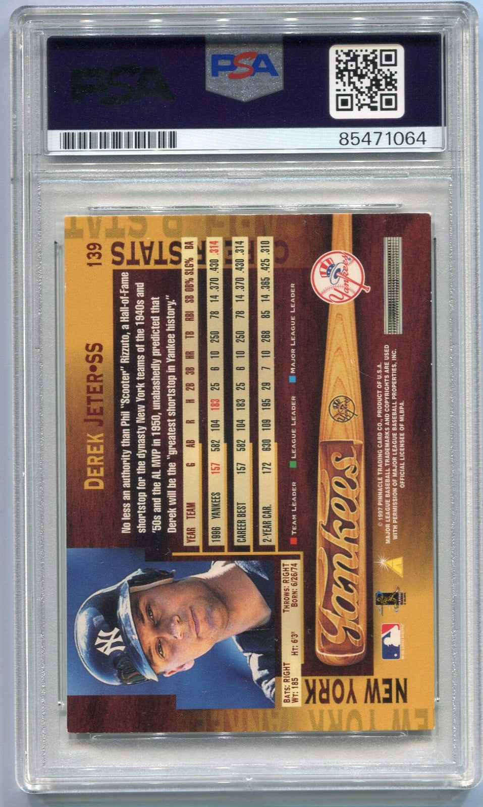 Derek Jeter 1997 Pinnacle #139 Psa Auto Auth Card