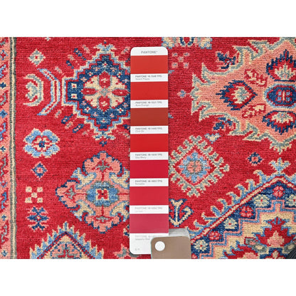 5'X6'4" Scarlet Red Kazak With Geometric Design Hand Knotted Pure Wool Rug