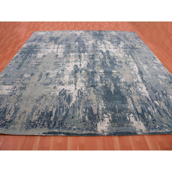 12'X12' Grotto Blue Abstract Design Silk And Wool Hand Knotted Square Rug