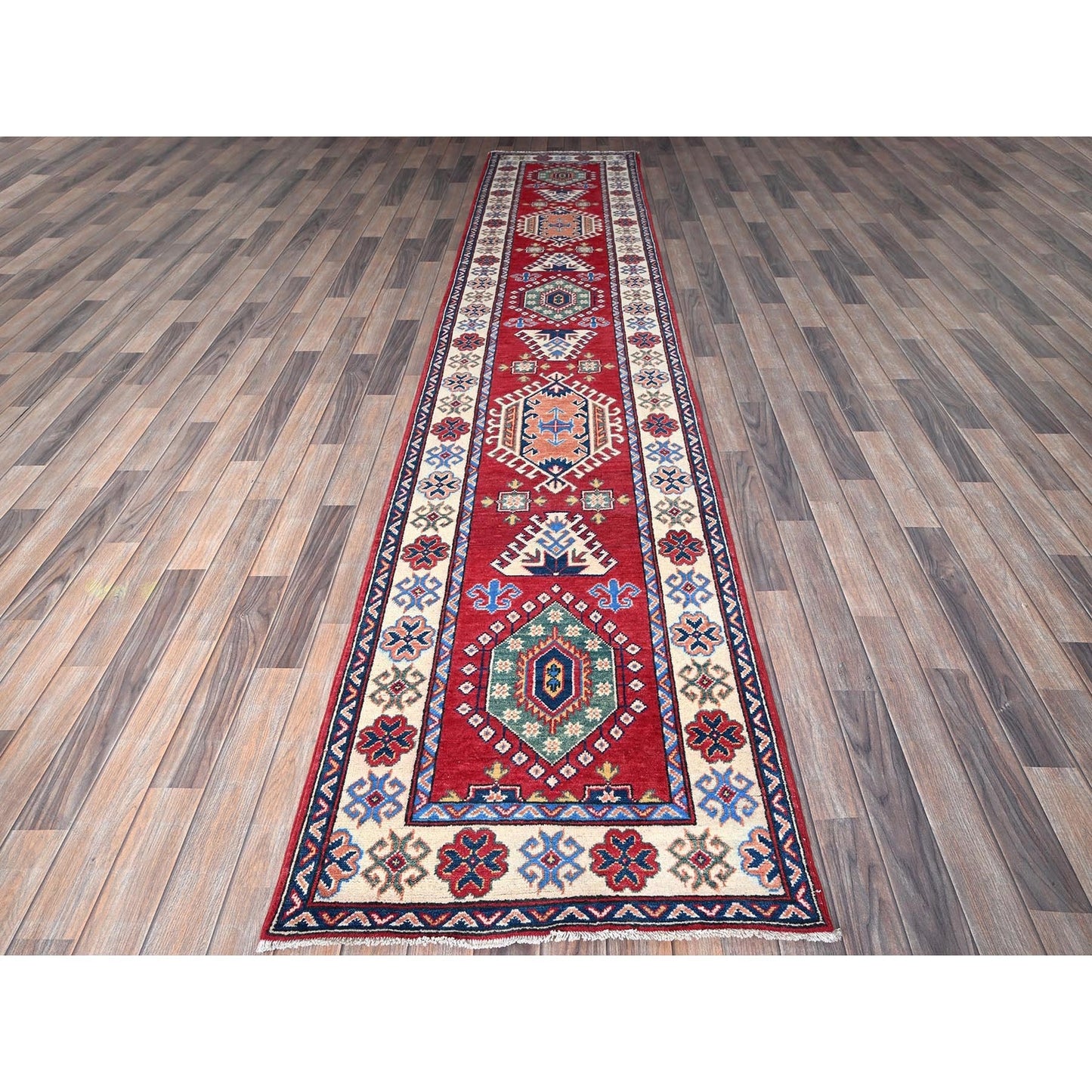 2'9"X12'10" Chili Red Kazak Hand Knotted Soft Wool Runner Oriental Rug