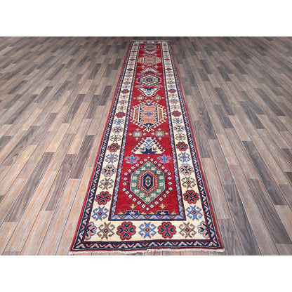 2'9"X12'10" Chili Red Kazak Hand Knotted Soft Wool Runner Oriental Rug