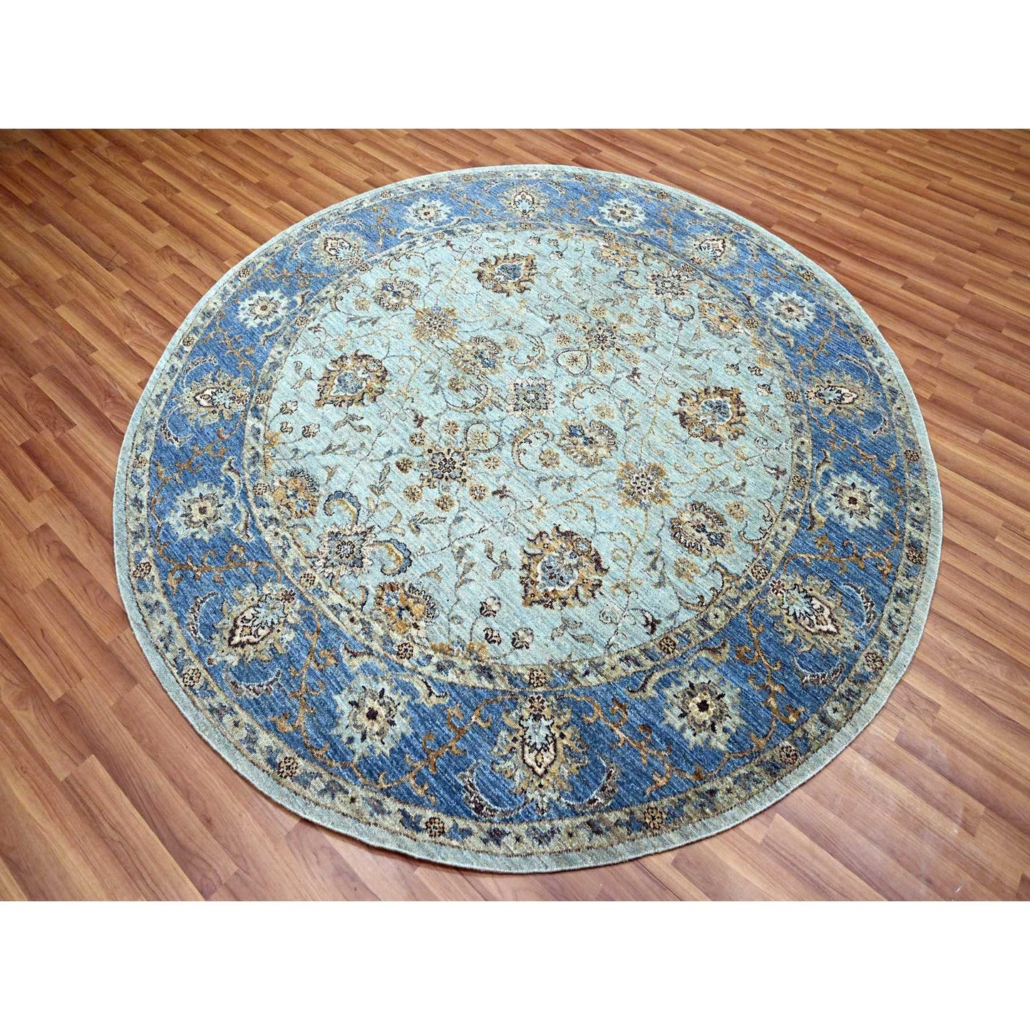 Blue round rug pure wool hand knotted flower design shah abbas blue.
