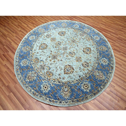 Blue round rug pure wool hand knotted flower design shah abbas blue.