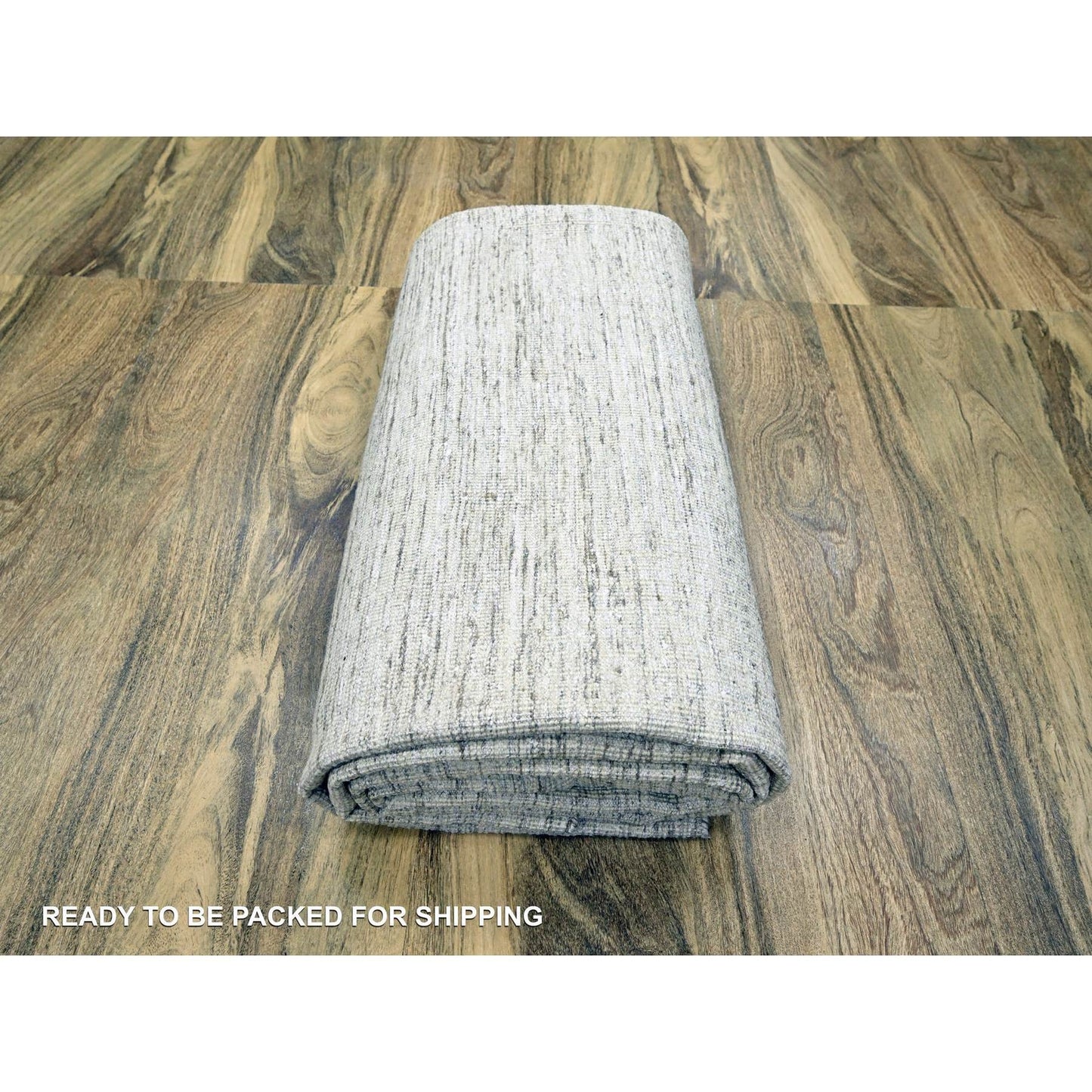 9'X12'1" White Geometric Variegated Line Design All Wool Hand Knotted Rug