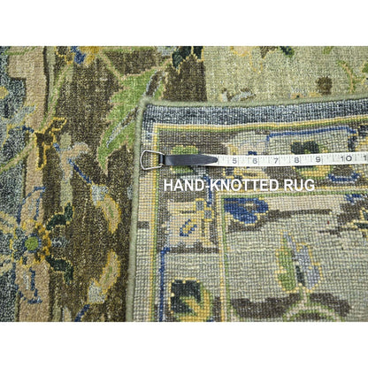 2'7"x10'5" Green Erased Zoroastrian Design Hand Knotted Wool Runner Rug