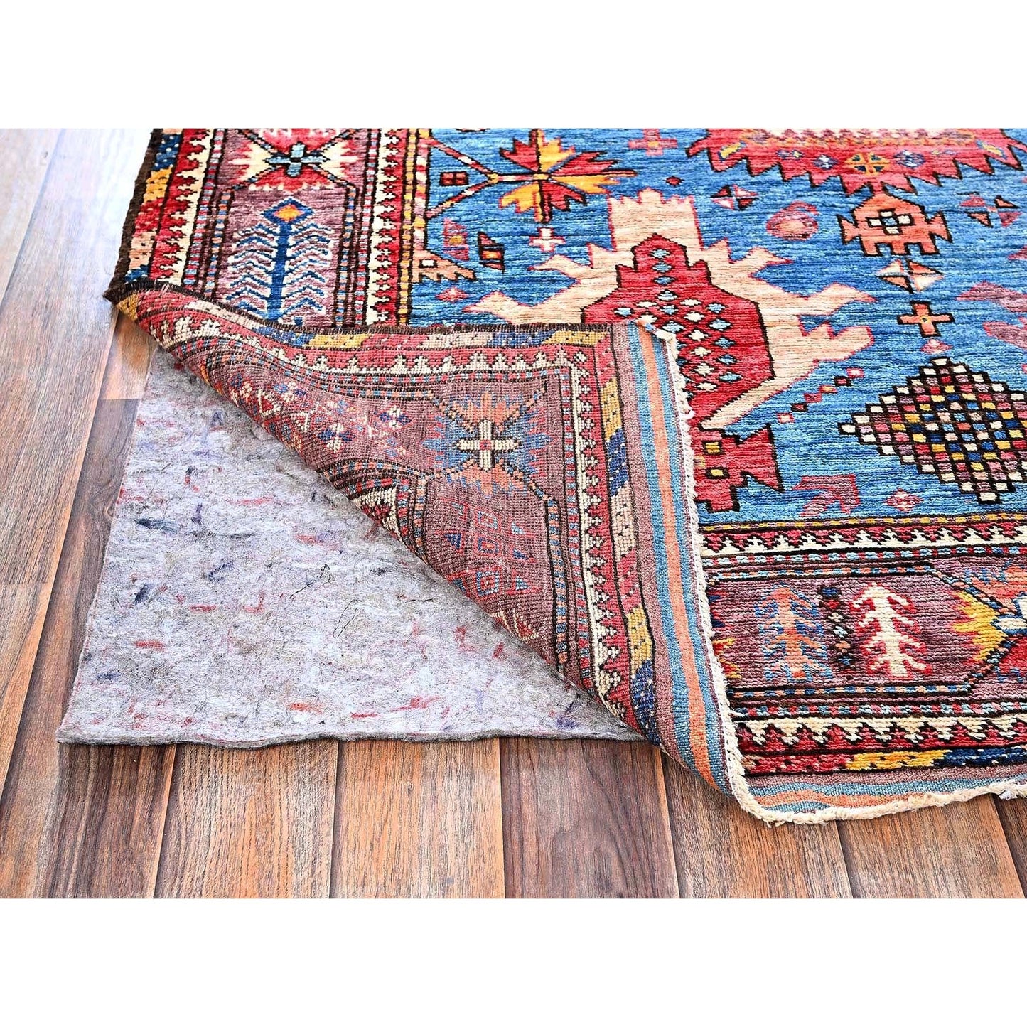 4'3"X5'7" Blue Afghan Caucasian Design Revival Hand Knotted Soft Wool Rug