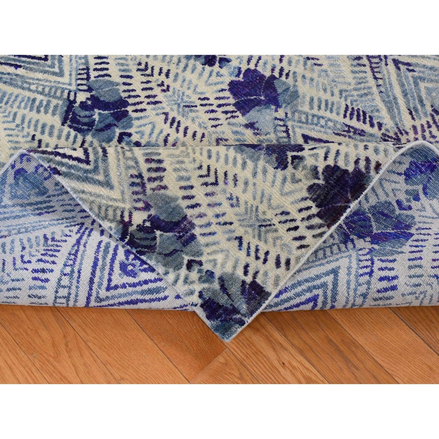 8'X10' Purple Geometric Design Sari Silk With Wool Hand Knotted Rug