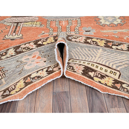 12'1"X14'6" Orange Khotan And Samarkand Design Hand Knotted Soft Wool Rug