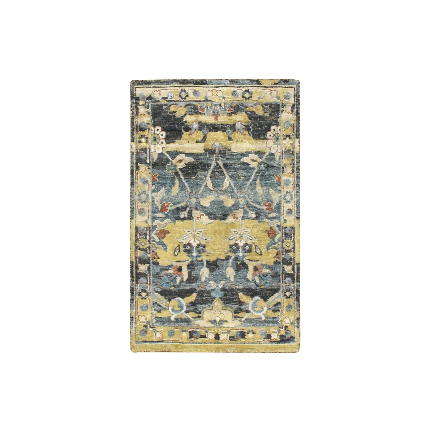 2'X3'3" Blue With Yellow Zoroastrian Design Hand Knotted Wool Sample Rug