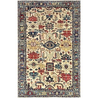 5'3"X8'6" Ivory Zoroastrian With Serrated Gul Motif Wool Hand Knotted Rug