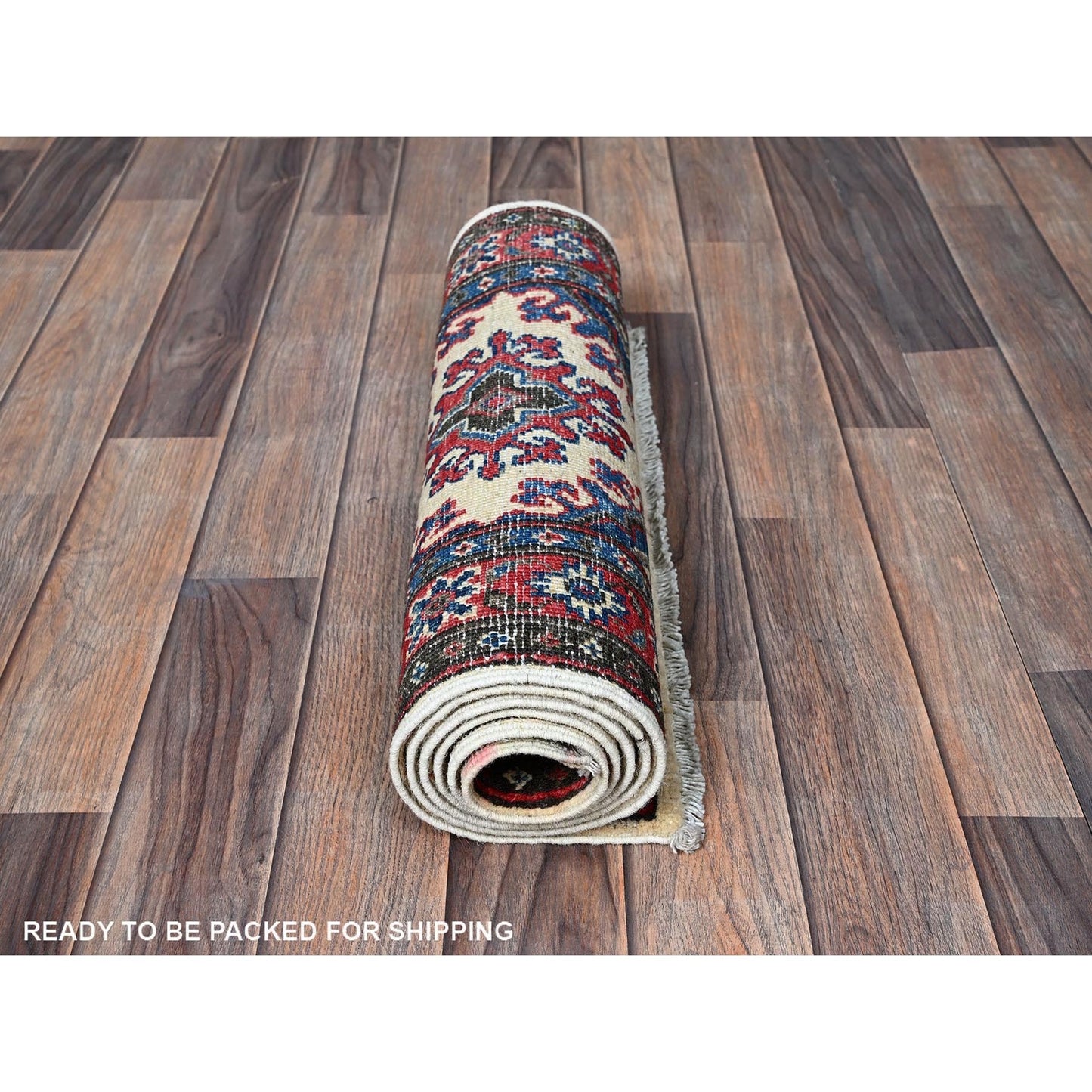 1'10"X6' Ivory Kazak With Tribal Design Hand Knotted Soft Wool Runner Rug