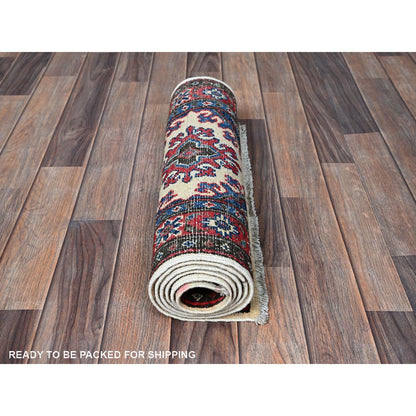 1'10"X6' Ivory Kazak With Tribal Design Hand Knotted Soft Wool Runner Rug