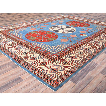 9'1"X11'9" Blue Khotan Design Hand Knotted Soft Wool Oriental Rug
