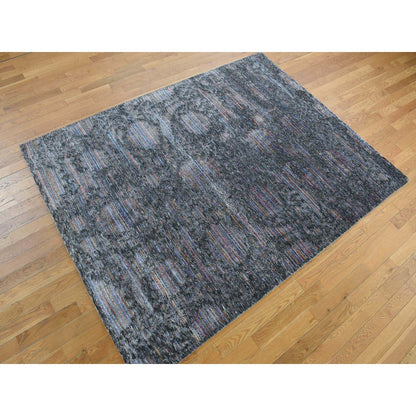 5'9"X7'10" Black Erased Design Handspun Wool And Silk Oriental Rug