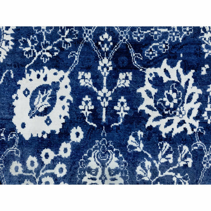 6'2"X9' Blue Hand Knotted Tone On Tone Wool And Silk Oriental Rug