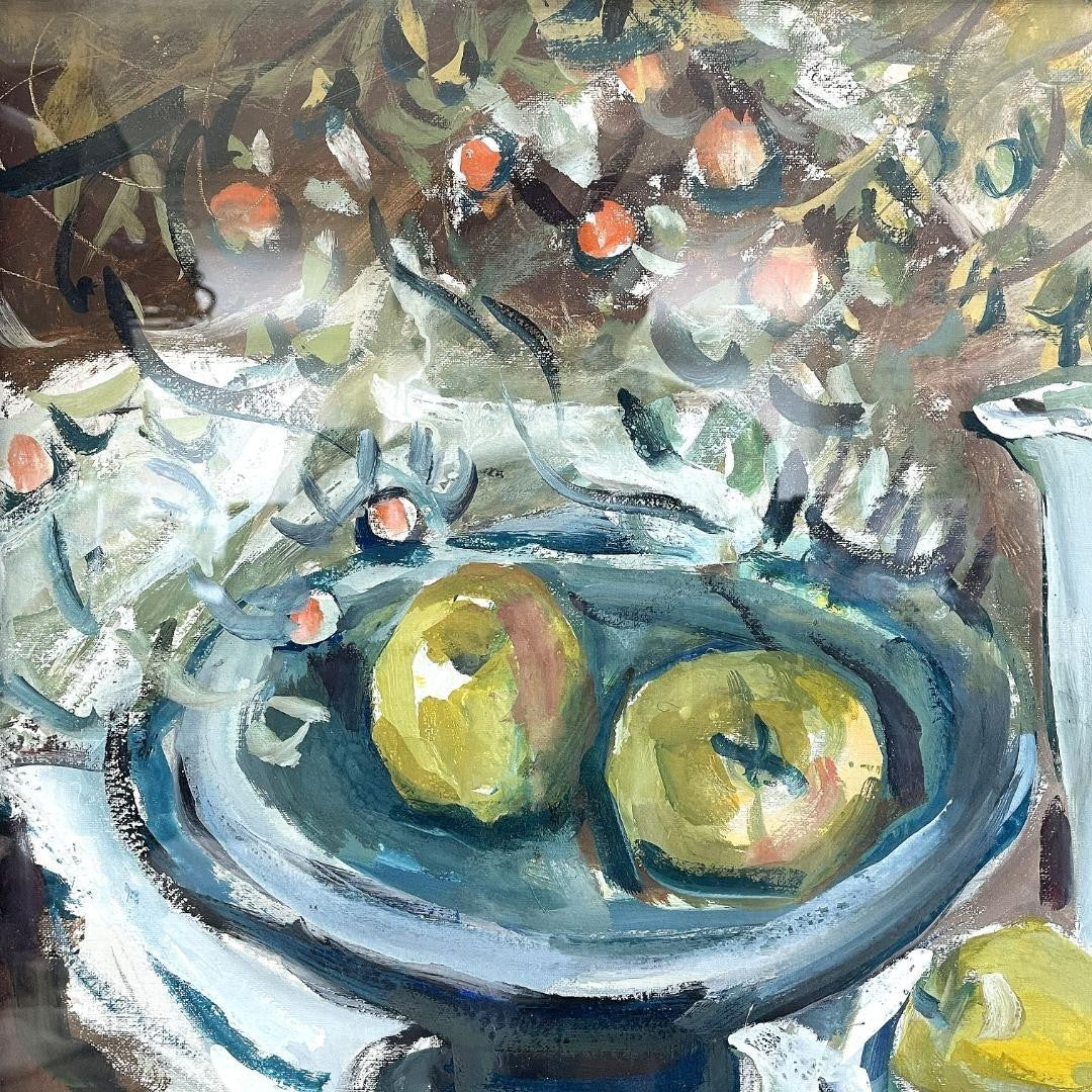Ludwig Bock 1965 Original Gouache Still Life Painting  Apples & Pears  Signed