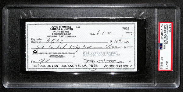 Johnny Unitas Signed 6/1/02 Check Psa/Dna Mint 9