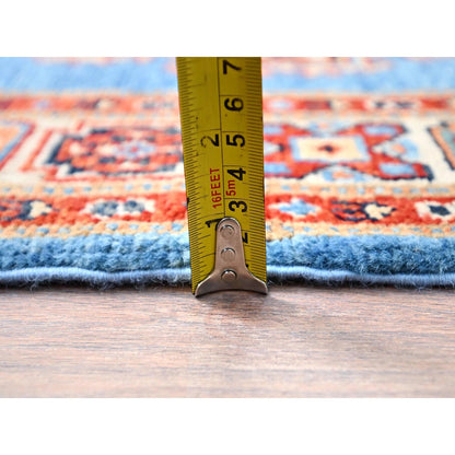 2'10"X9'7" Jelly Bean Blue Special Kazak Hand Knotted Wool Runner Rug