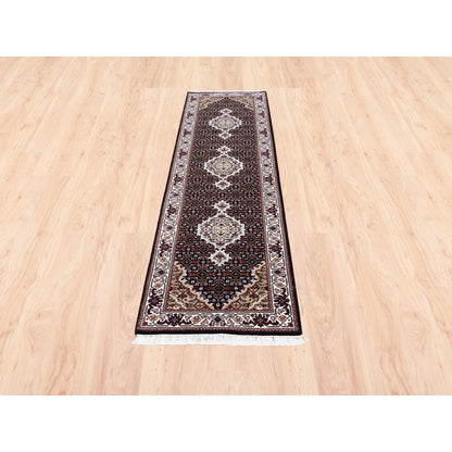 2'1"X8' Black Tebraz Mahi Fish Design Hand Knotted Wool-Silk Runner Rug