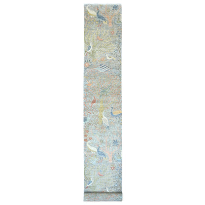 2'6"X20'2" Gray Afghan Peshawar Birds Design Hand Knotted Wool Runner Rug