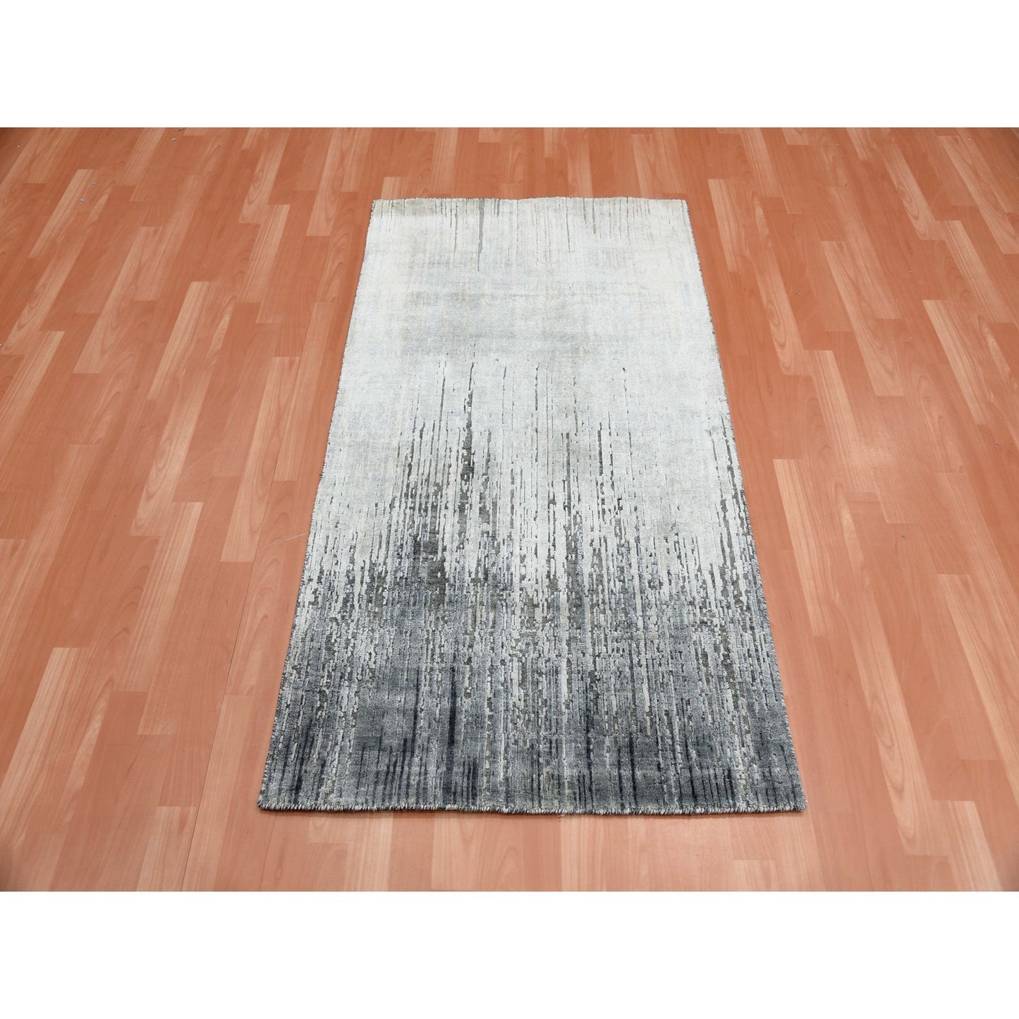 3'X5'3" Gray Modern Vertical Ombre Design Silk Wool Hand Knotted Rug