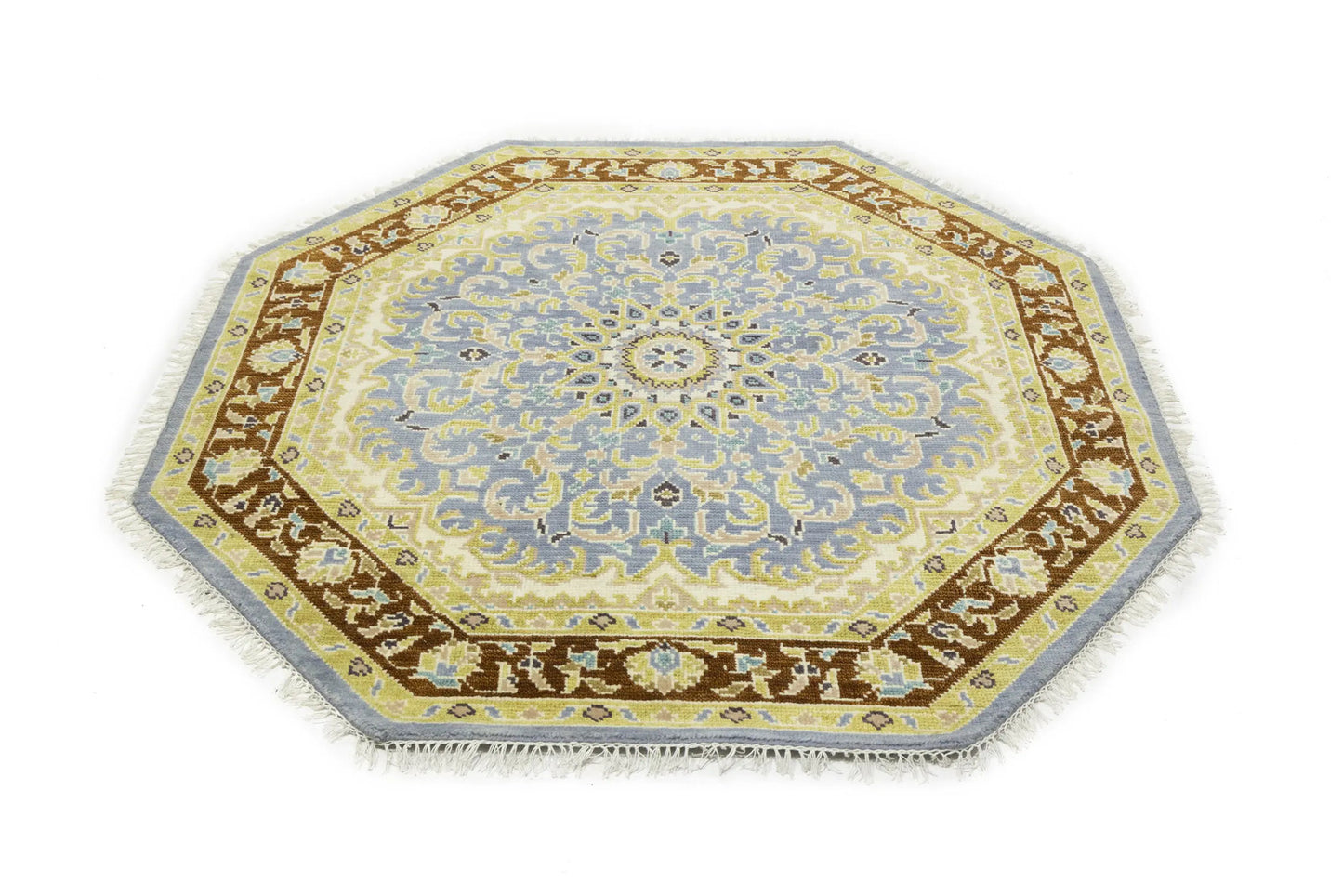 Handmade Oushak Blue Wool Octagon Floral Design 6X6 ft Oriental Home Carpet