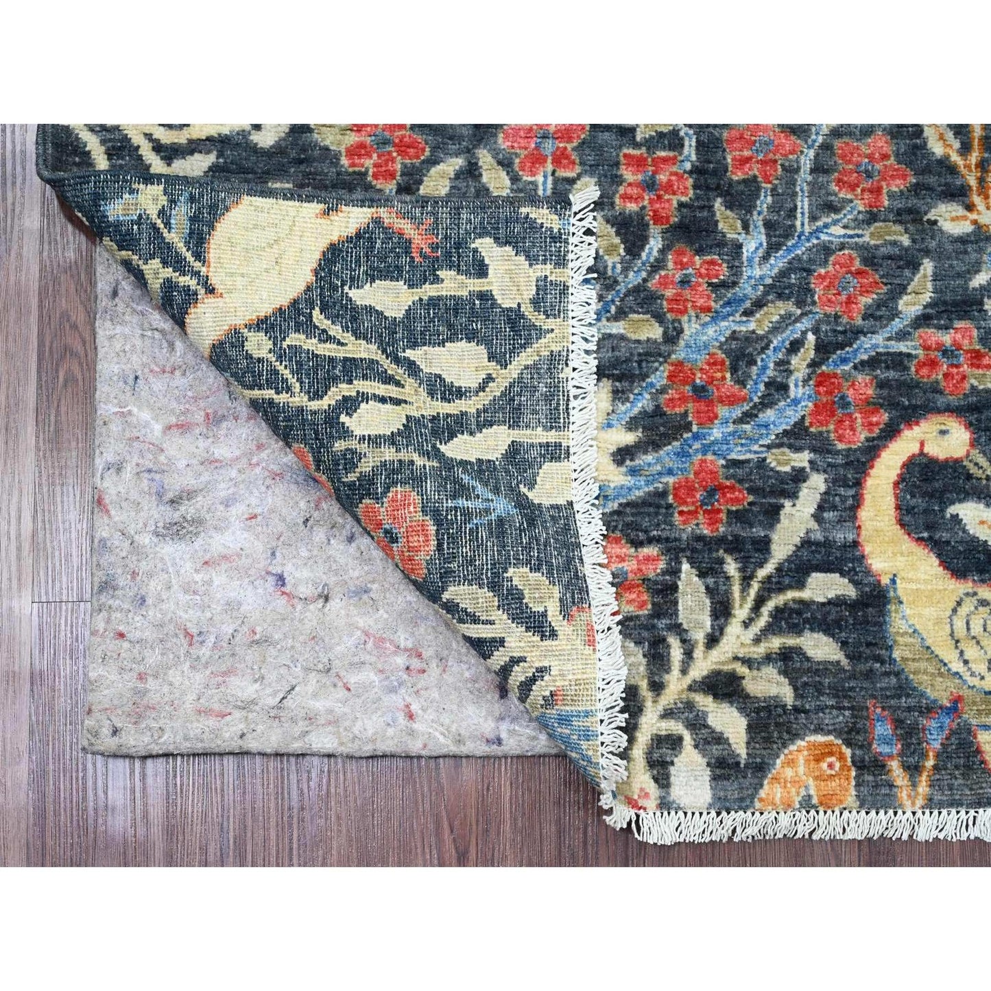 6'X6' Blue Afghan Peshawar Birds Design Hand Knotted Soft Wool Square Rug