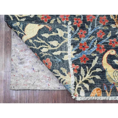 6'X6' Blue Afghan Peshawar Birds Design Hand Knotted Soft Wool Square Rug