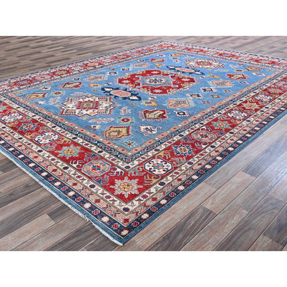 8'10"X11'8" Blue Kazak With Geometric Design Hand Knotted Soft Wool Rug
