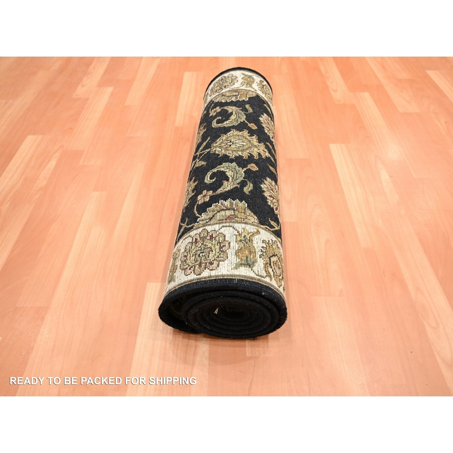 2'6"x8' Black Hand Knotted Rajasthan Leaf Design Wool and Silk Runner Rug