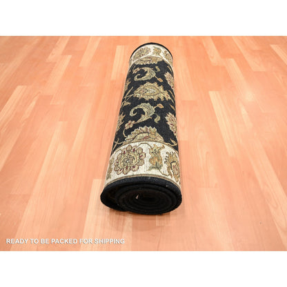 2'6"x8' Black Hand Knotted Rajasthan Leaf Design Wool and Silk Runner Rug