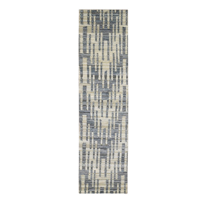 2'6"X10'3" Blue Pure Silk And Textured Wool Wide Runner Hand Knotted Rug